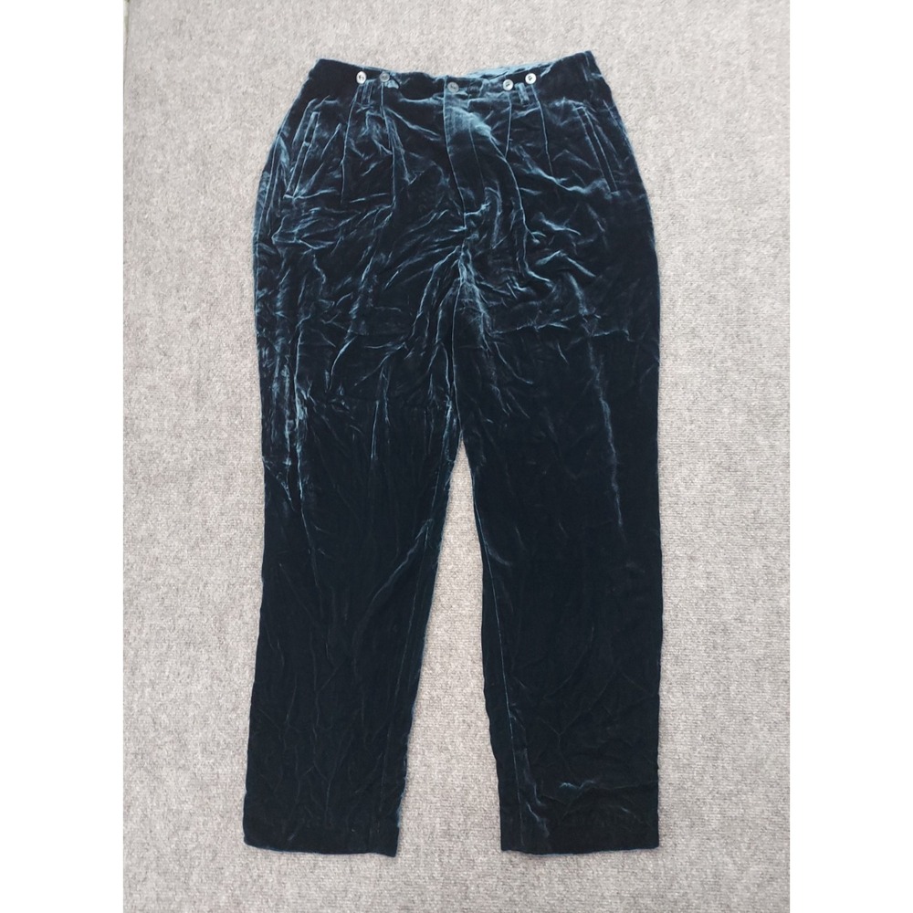 J Peterman Tuxedo Pants Womens 16 Teal Blue Velvet Velour Pleated Trousers Silk